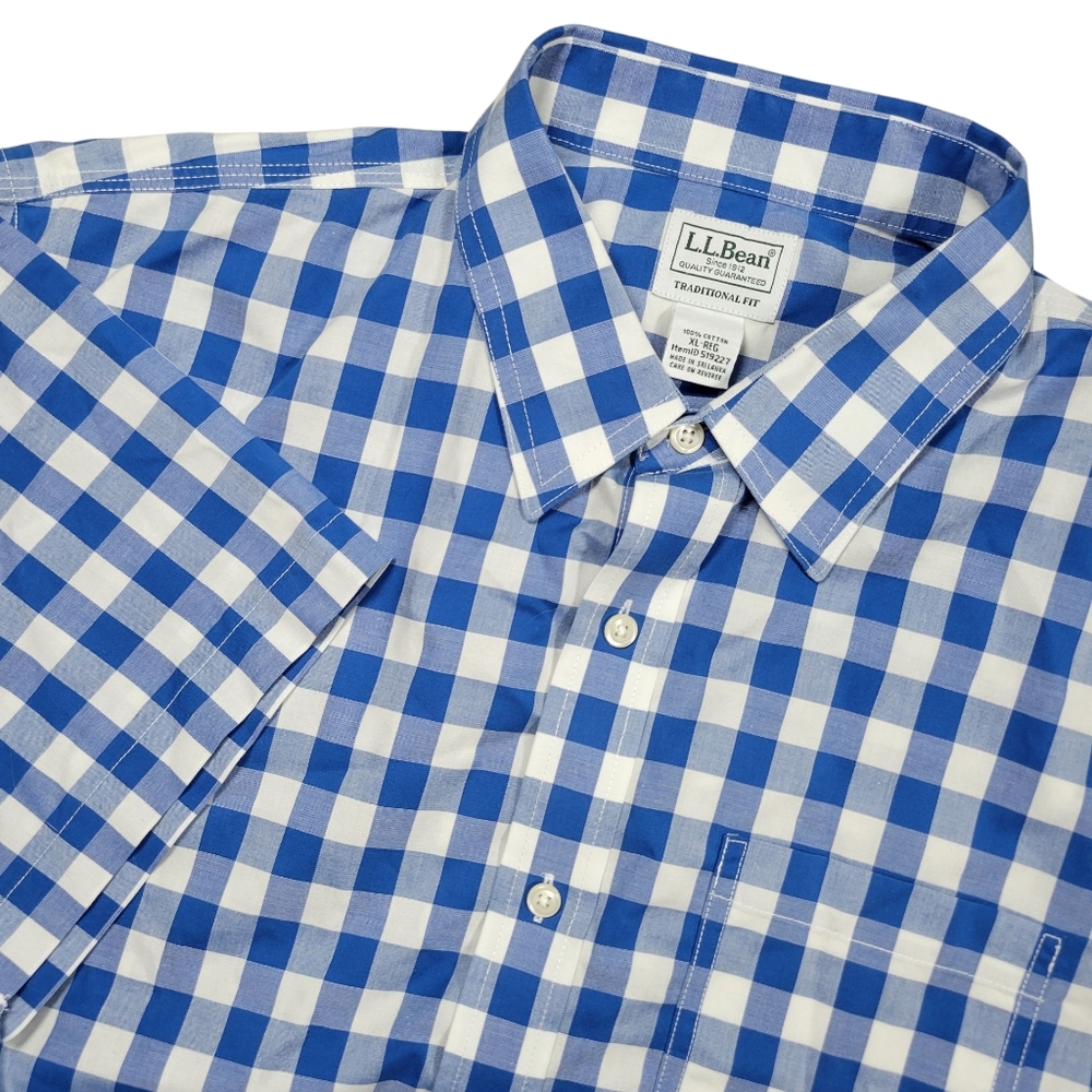 LL Bean Button Up Shirt Mens XL Blue Gingham Traditional Fit Cotton Short Sleeve